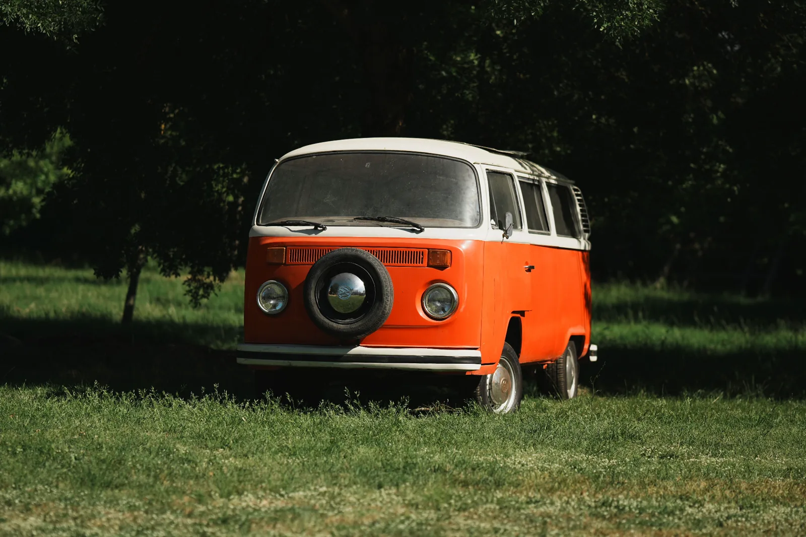 Oranje met witte Volkswagen T1 Transporter in het gras